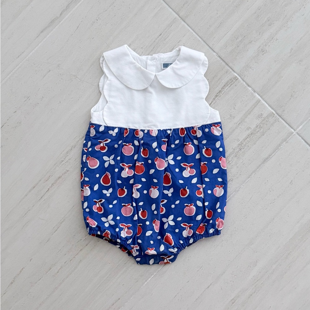 Jacadi Girls White Scalloped Collar Bubble Romper Bodysuit Blue Apple 12 Months